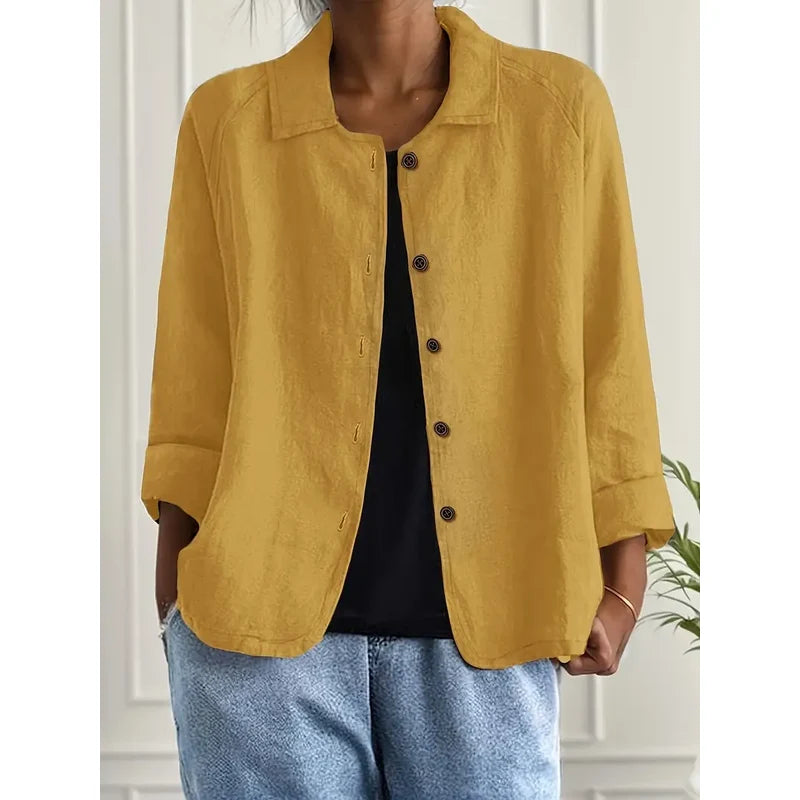 Women's Collared Shirt Cardigan with Button Front in Yellow