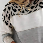 Close-up of the leopard pattern on the gray color block sweater