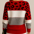 Red color block knit sweater with leopard pattern, front view