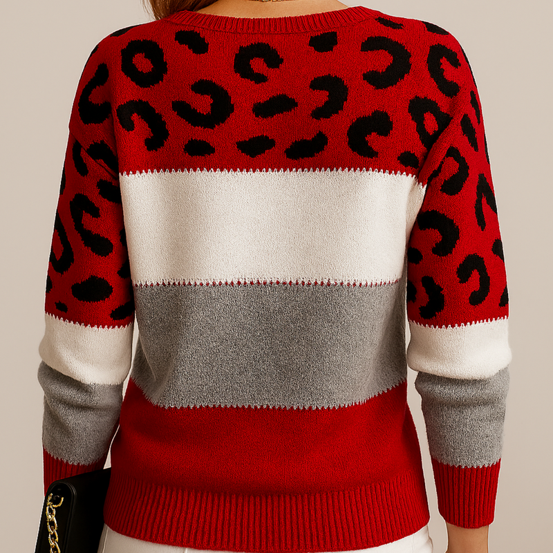 Red color block knit sweater with leopard pattern, front view