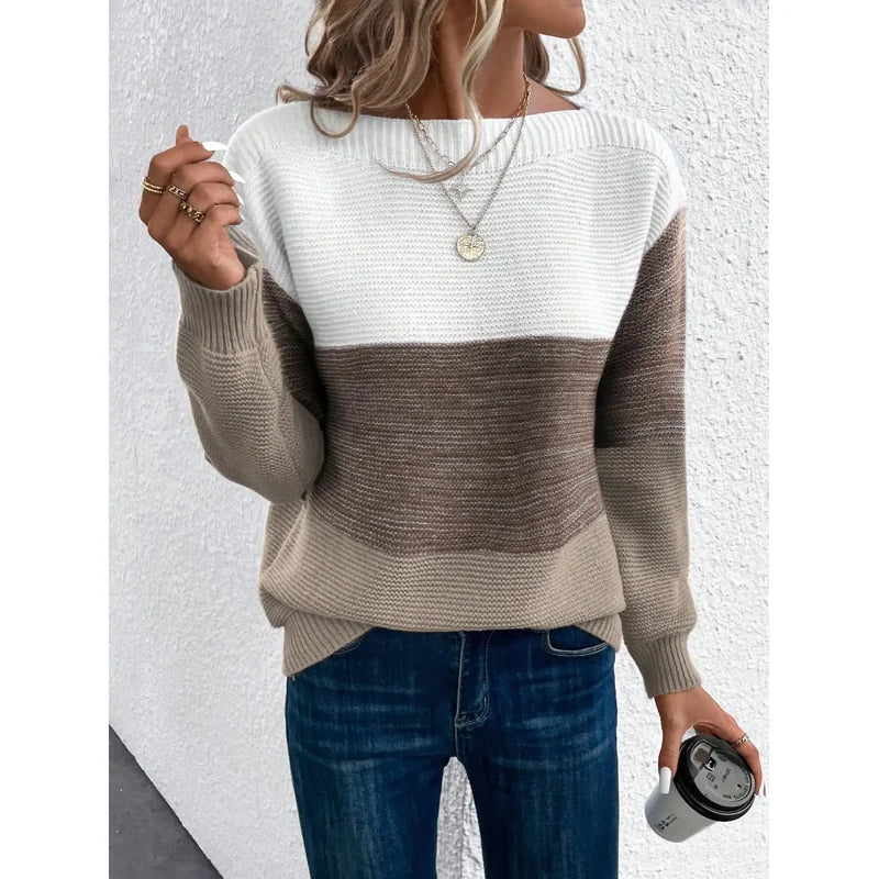 Women's Color Block Knit Sweater in Brown