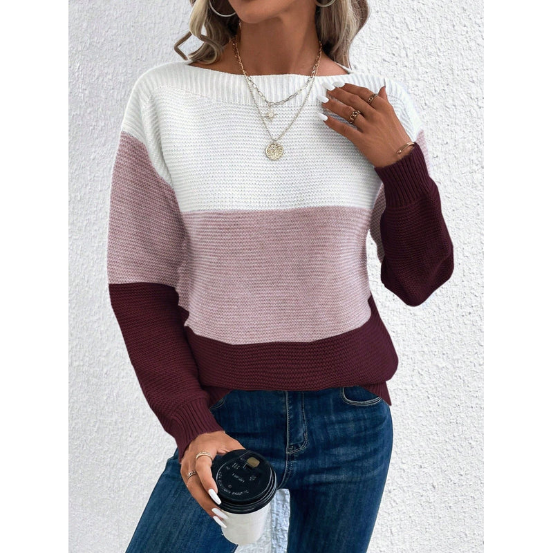 Women's Color Block Knit Sweater in Burgundy