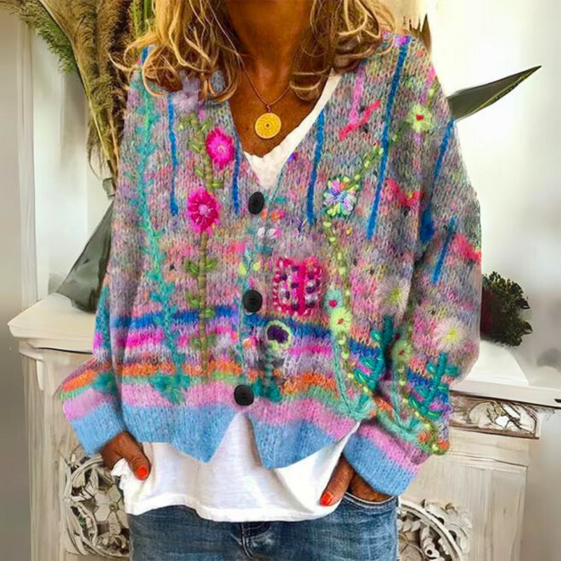 Woman in a blue colorful plaid button cardigan