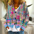 Woman in a blue colorful plaid button cardigan