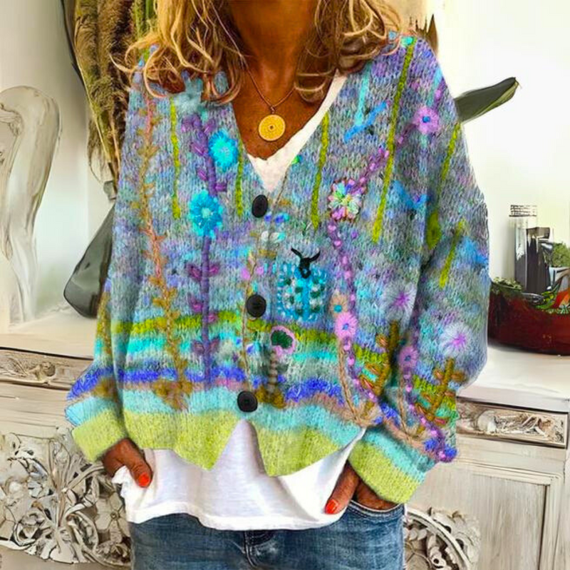 Woman wearing a green colorful plaid button cardigan
