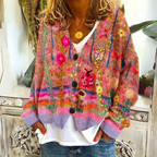 Woman in a red colorful plaid button cardigan