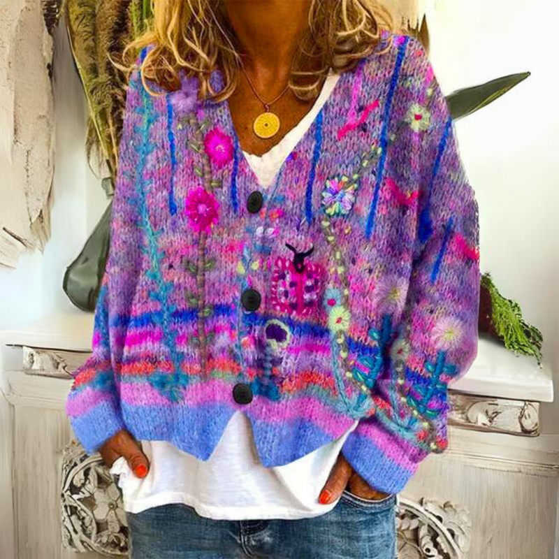 Woman wearing a purple colorful plaid button cardigan
