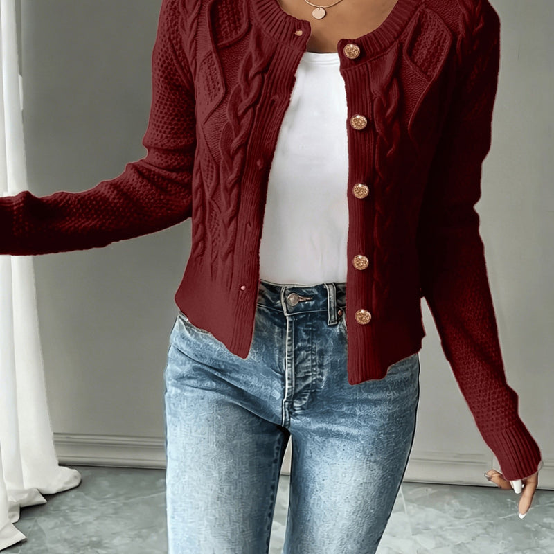 Women's Cropped Cable Knit Cardigan in Dark Red