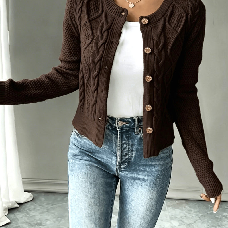 Women's Cropped Cable Knit Cardigan in Coffee