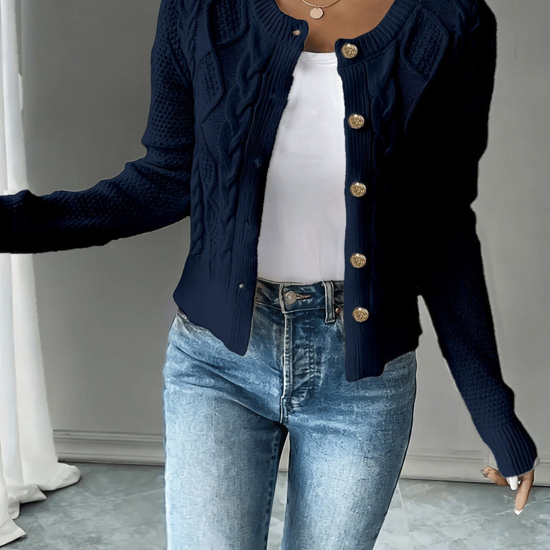Women's Cropped Cable Knit Cardigan in Navy Blue