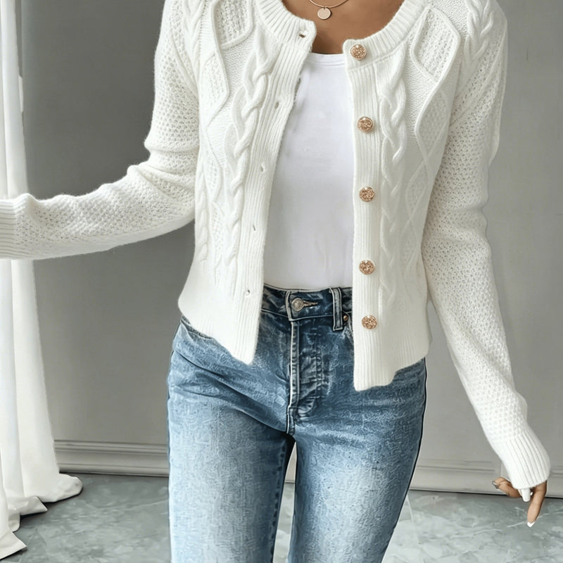 Women's Cropped Cable Knit Cardigan in White