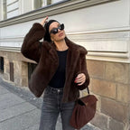 Women's cropped faux fur jacket with classic collar – styled view 1