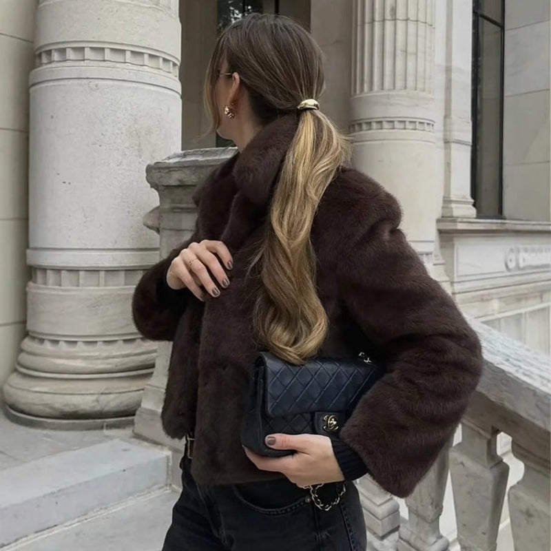 Women's cropped faux fur jacket with classic collar – styled view 2