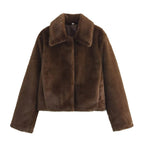 Women's cropped faux fur jacket with classic collar – styled view 5