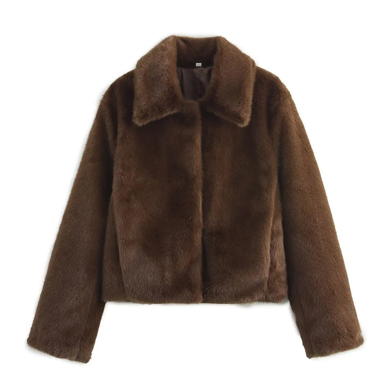 Women's cropped faux fur jacket with classic collar in dark brown – front view