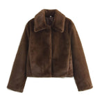 Women's cropped faux fur jacket with classic collar in dark brown – front view