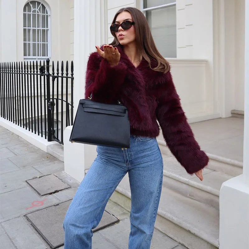 Women's Cropped Faux Fur Jacket with V Neckline