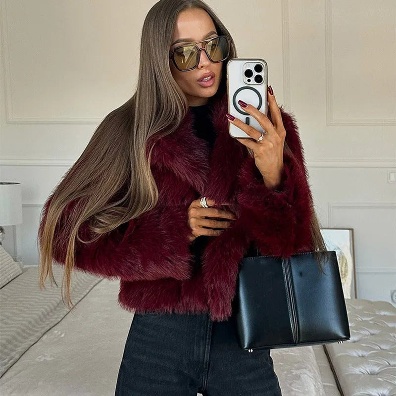 Women's cropped faux fur jacket with V neckline – styled view 2