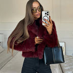 Women's cropped faux fur jacket with V neckline – styled view 2