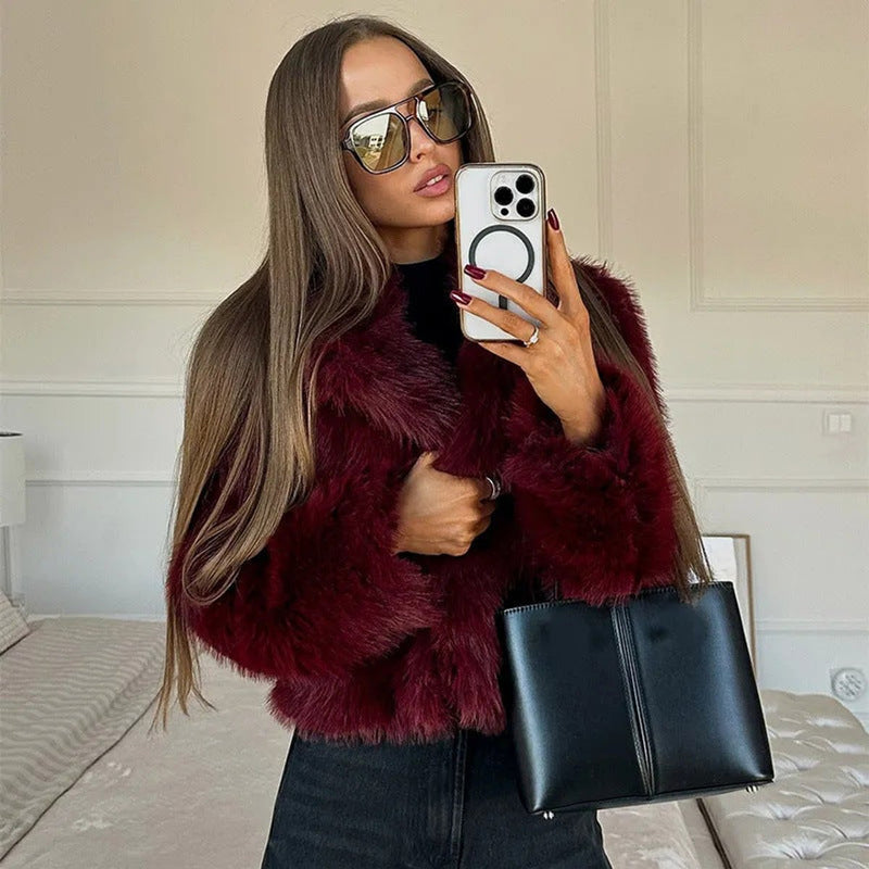 Women's cropped faux fur jacket with V neckline – styled view 3