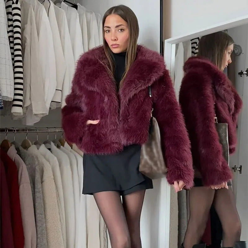 Women's cropped faux fur jacket with V neckline – styled view 4
