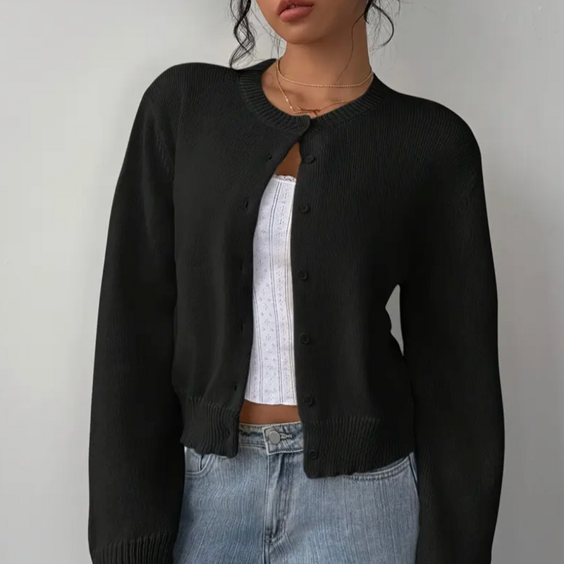 Women's Cropped Knit Cardigan with Button Front in Black