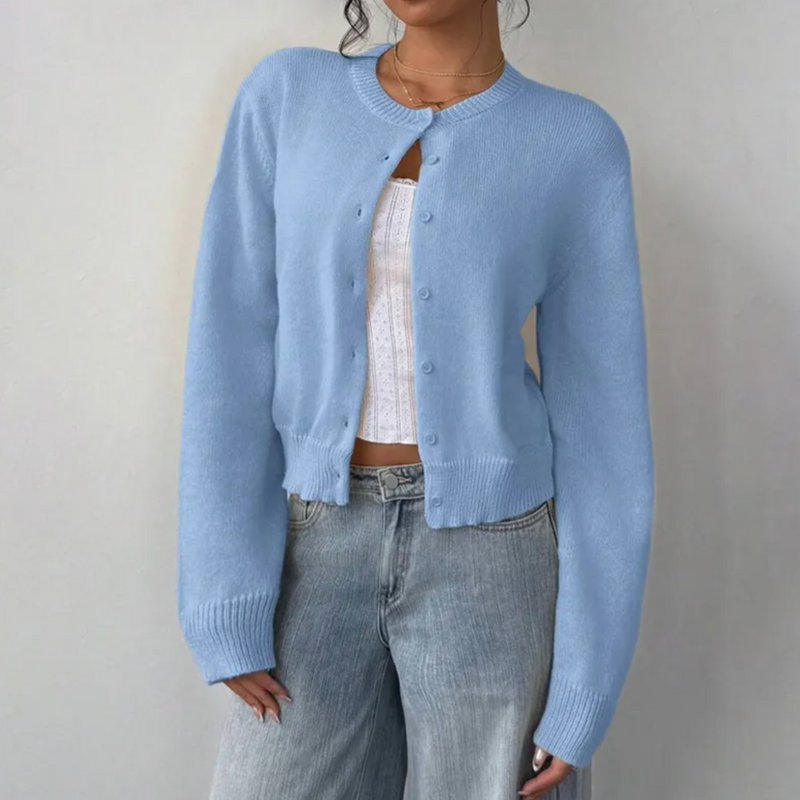 Women's Cropped Knit Cardigan with Button Front in Light Blue