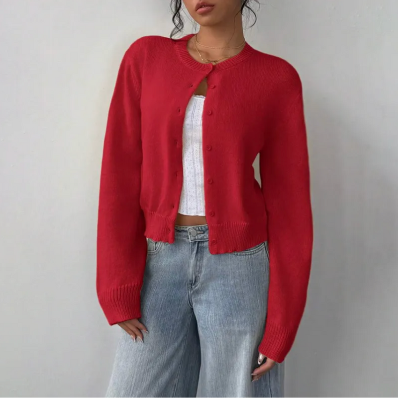 Women's Cropped Knit Cardigan with Button Front in Red
