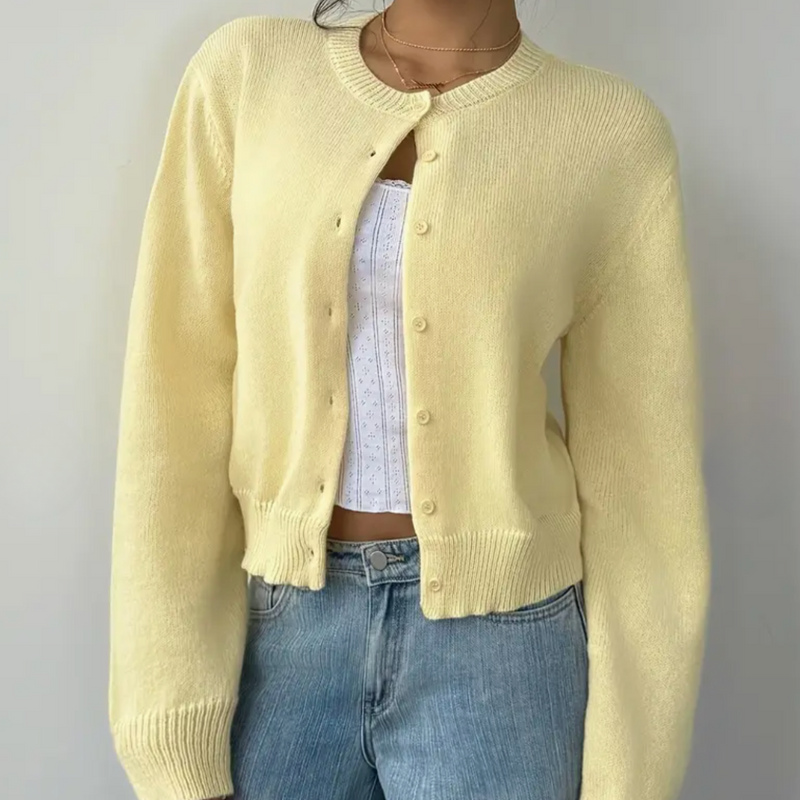 Women's Cropped Knit Cardigan with Button Front in Yellow