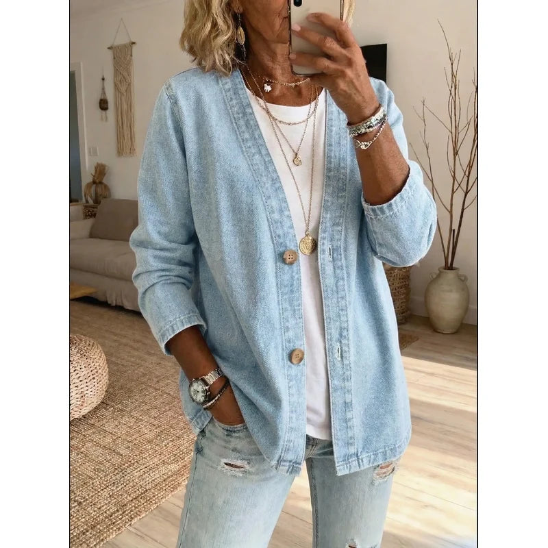 Women's Denim Cardigan Jacket with Button Front in Light Blue