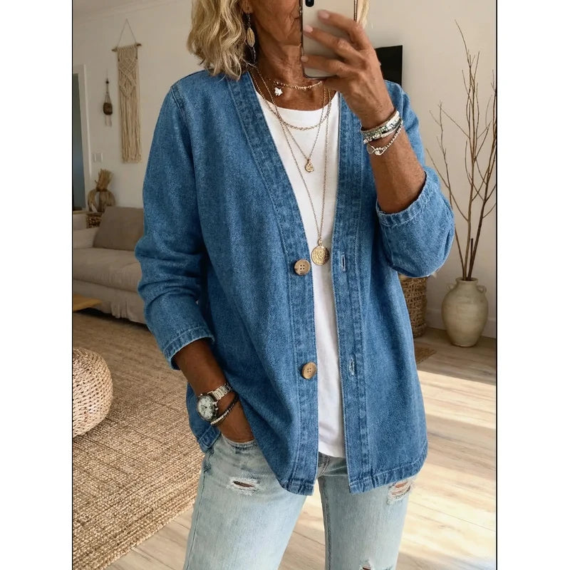 Women's Denim Cardigan Jacket with Button Front in Denim Blue
