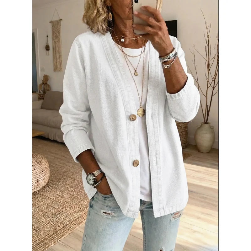 Women's Denim Cardigan Jacket with Button Front in White