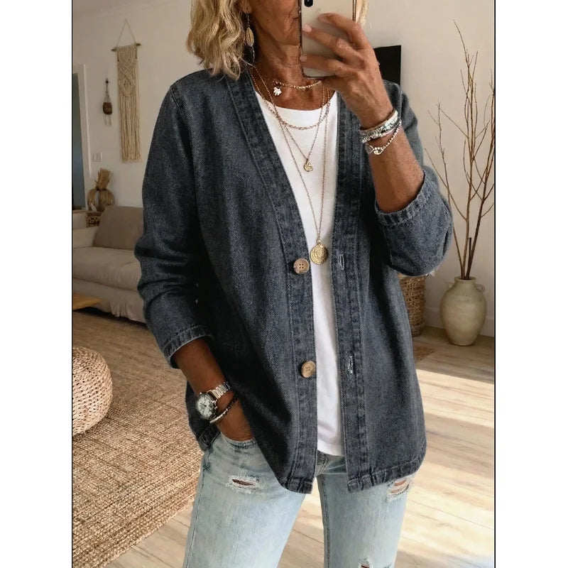 Women's Denim Cardigan Jacket with Button Front in Black
