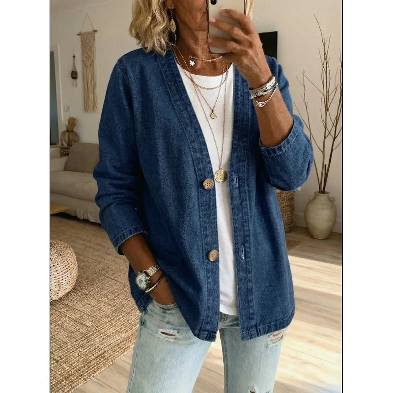 Women's Denim Cardigan Jacket with Button Front in Dark Blue