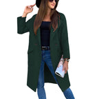 Women's double breasted long coat in dark green – front view
