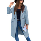 Women's double breasted long coat in sky blue – front view