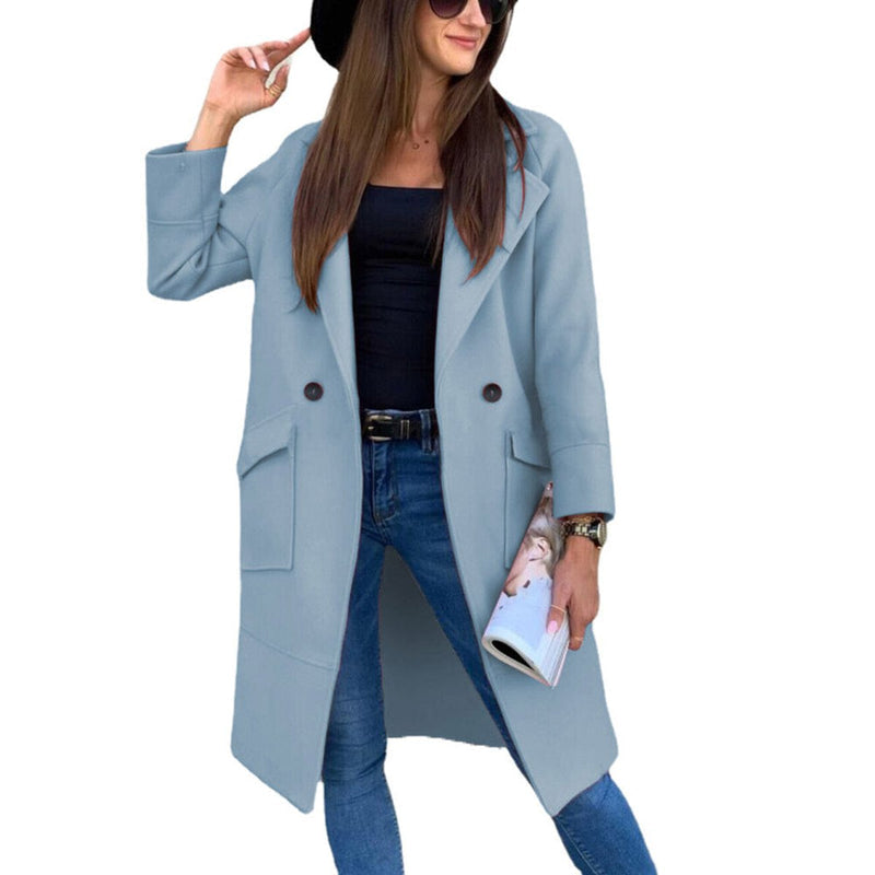 Women's double breasted long coat in sky blue – front view