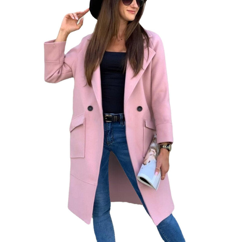 Women's double breasted long coat in pink – front view