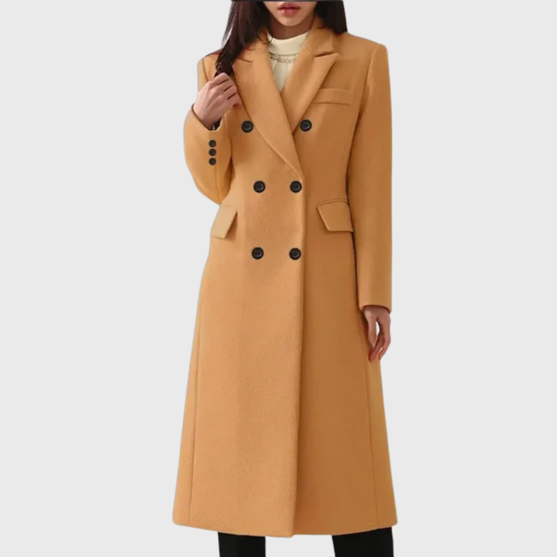 Women's Double Breasted Long Coat with Notch Lapel in Brown