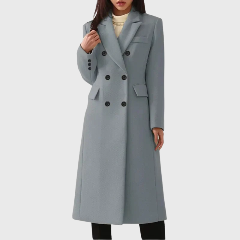 Women's Double Breasted Long Coat with Notch Lapel in Gray