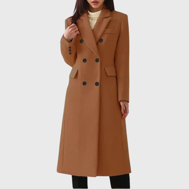 Women's Double Breasted Long Coat with Notch Lapel in Dark Brown
