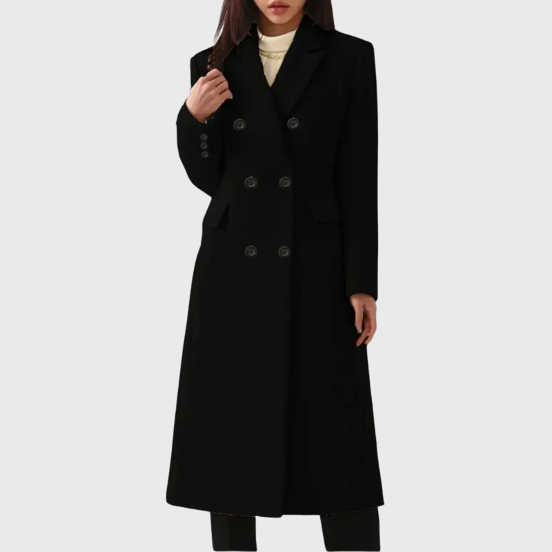 Women's Double Breasted Long Coat with Notch Lapel in Black