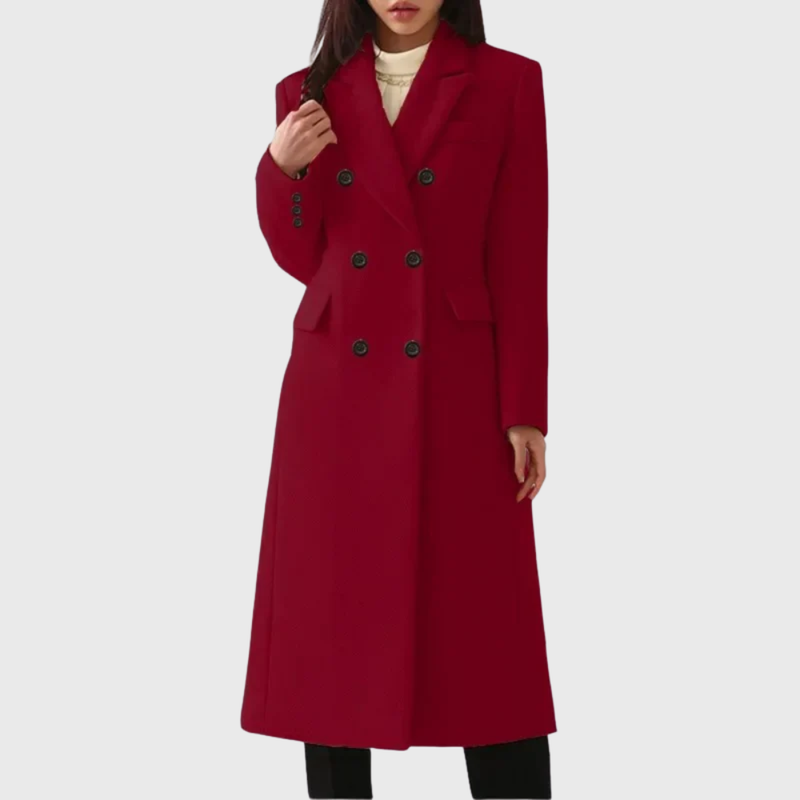 Women's Double Breasted Long Coat with Notch Lapel in Red