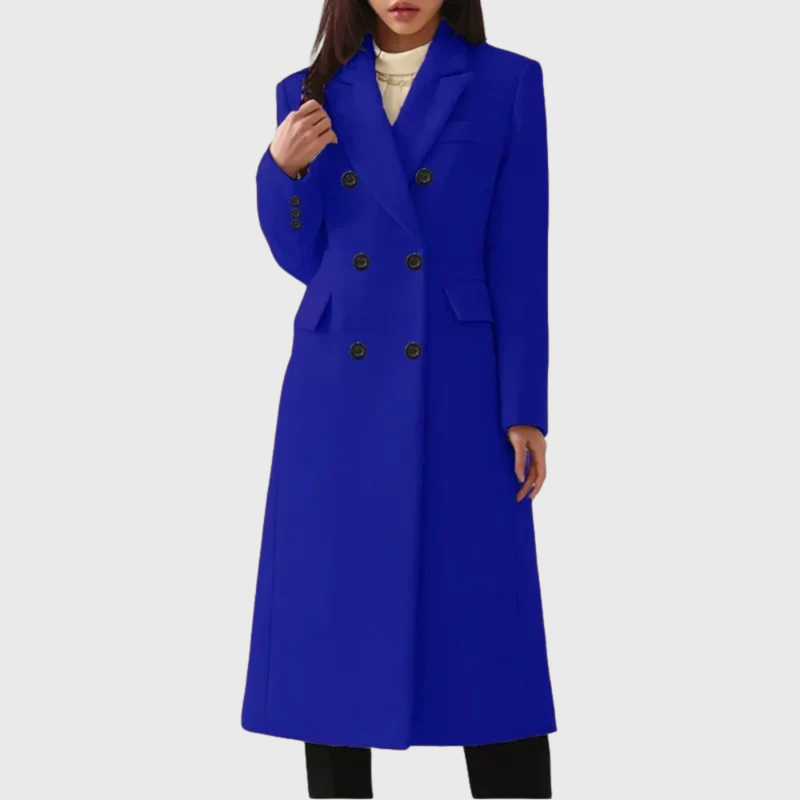 Women's Double Breasted Long Coat with Notch Lapel in Blue