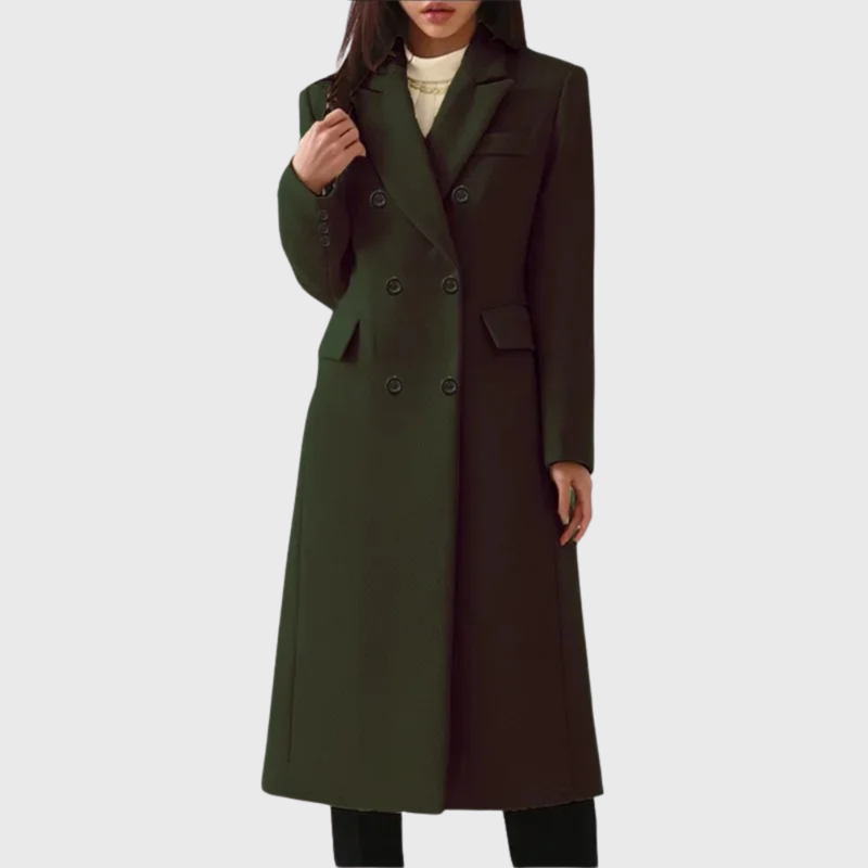 Women's Double Breasted Long Coat with Notch Lapel in Dark Green