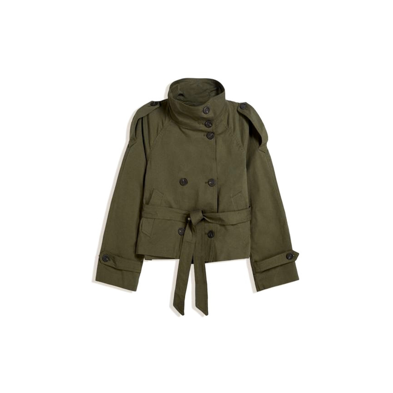 Women's Double Breasted Short Jacket with Tie Belt in Army Green