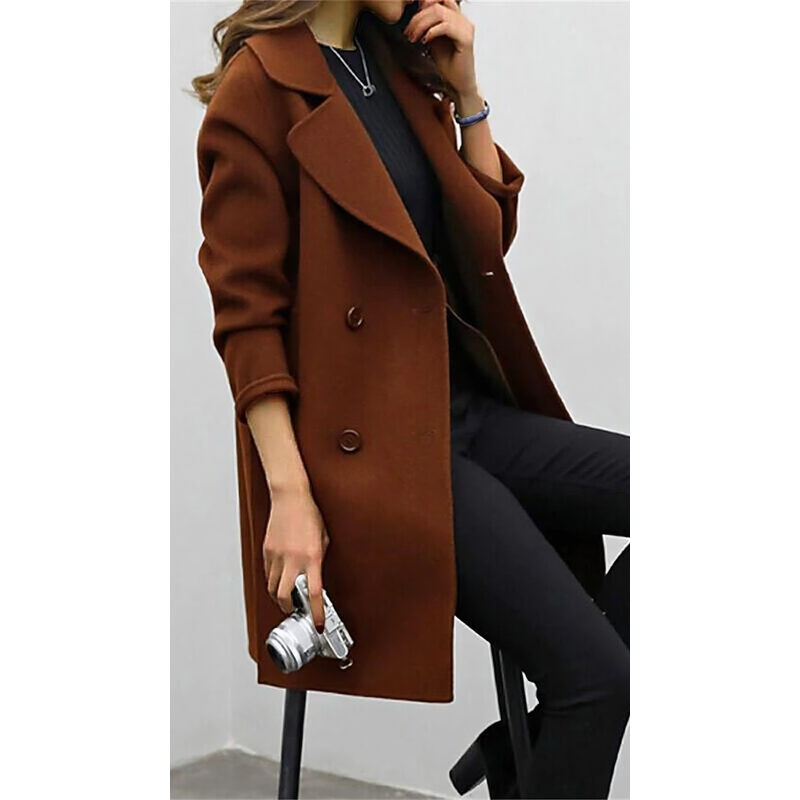 Women's Double Breasted Wide Lapel Coat in Brown