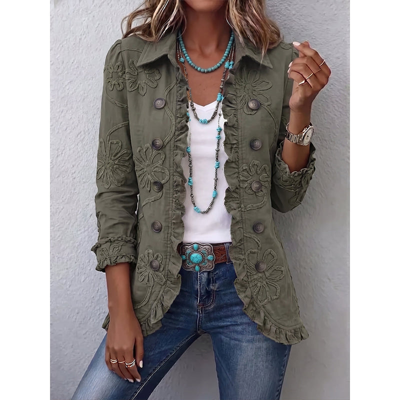 Women's Embroidered Ruffle Jacket with Decorative Buttons in Olive Green