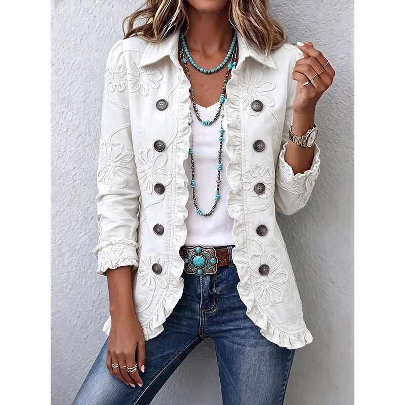 Women's Embroidered Ruffle Jacket with Decorative Buttons in White
