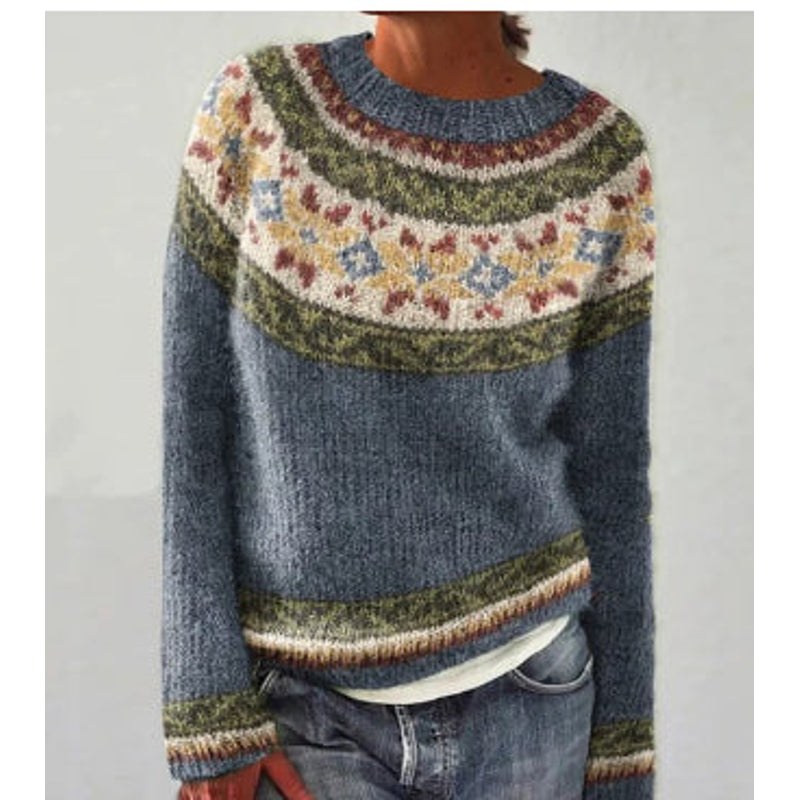 Woman in a blue Fair Isle crew neck sweater